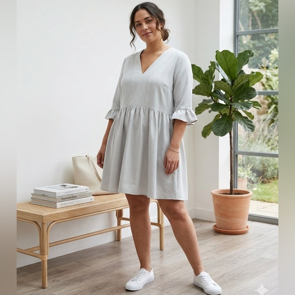 ASOS Light Gray V-Neck Ruffle Sleeve Mini Dress